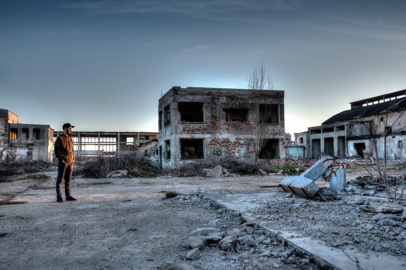 bad condition, old factory, run-down, destruction, concrete, conflict area, decline, destroyed, men, damage, real people, desolate, catastrophe, indurstrial area