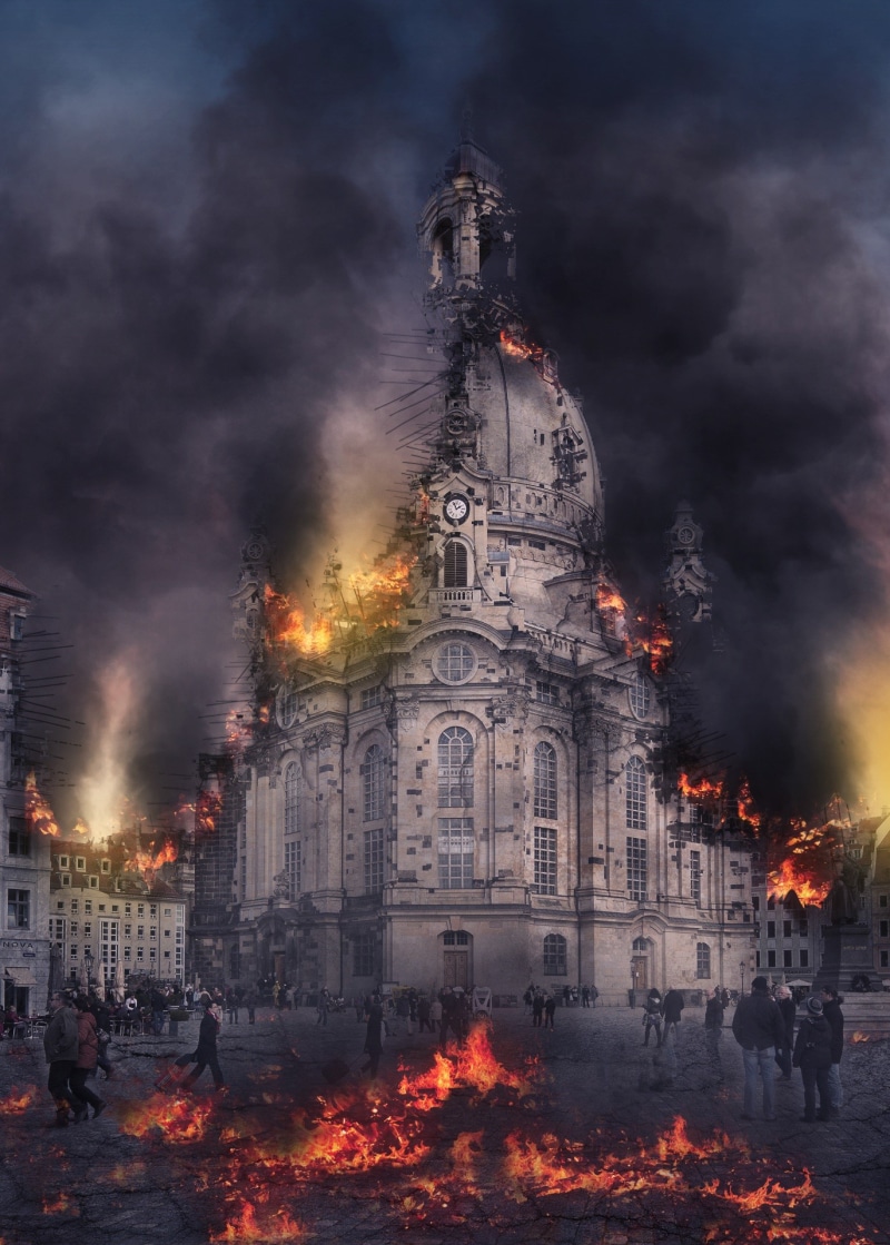 germany, destruction, saxony, building, place of worship, beige, belief, old town, smoke - physical structure, concrete, apocalypse, church, flame, frauenkirche