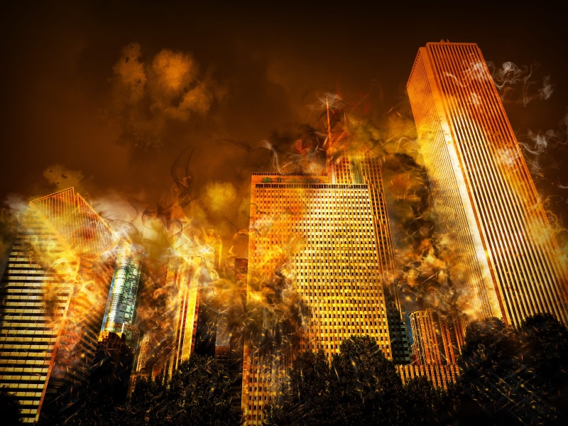 high rise, digital creation, outdoors, fire - natural phenomenon, cityscape, photo art, nature, fire, sky, engulfed, building exterior, office building exterior