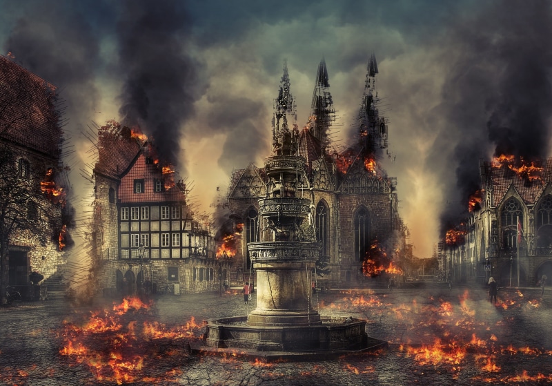 cloud - sky, city, fire, building exterior, 2K, building, market place, landmark, smoke, germany, devastating, architecture, motion, destruction, braunschweig