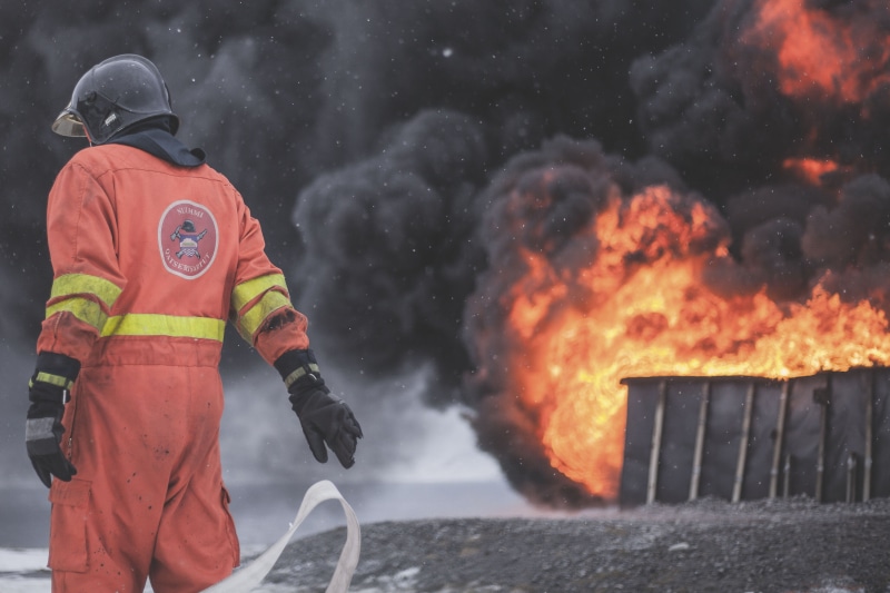 outdoors, fire, extinguishing, premises, smoke - Physical Structure, responsibility, danger, firesuit, industry, spraying, uniform, hot, near, man, firefighter