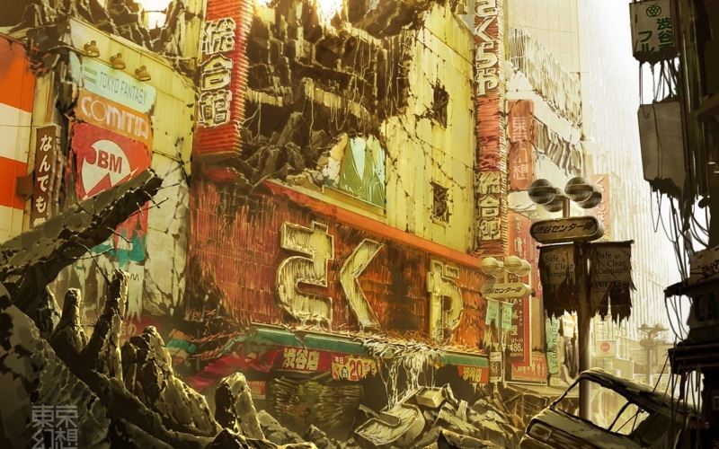 tokyo, 1080P, nuclear, wreckage, wreck, tokyogenso, roads, bomb, spooky, horror, street, fiction, signs, explosion, asian, war, oriental, dark, digital