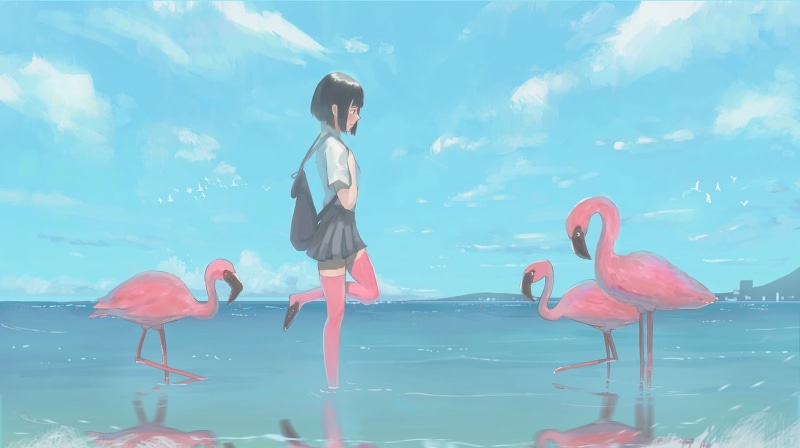school uniform, animals in the wild, cloud - sky, sea, standing, real people, animal, sky, bird, outdoors, flamingo, day, short hair, animal wildlife, vertebrate