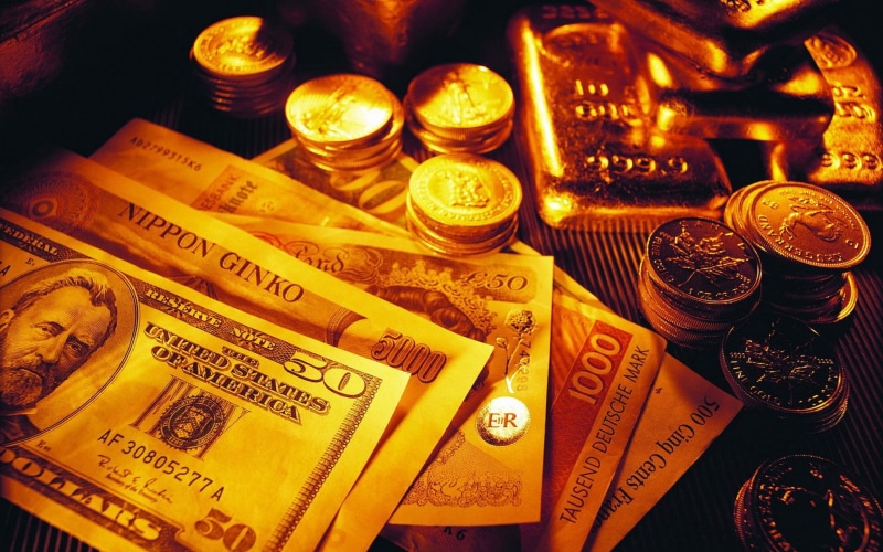 indoors, finance, high angle view, non-western script, no people, coins, dollar bills, money, gold, 1080P, coin, currency, wealth, dollar, business, large group of objects