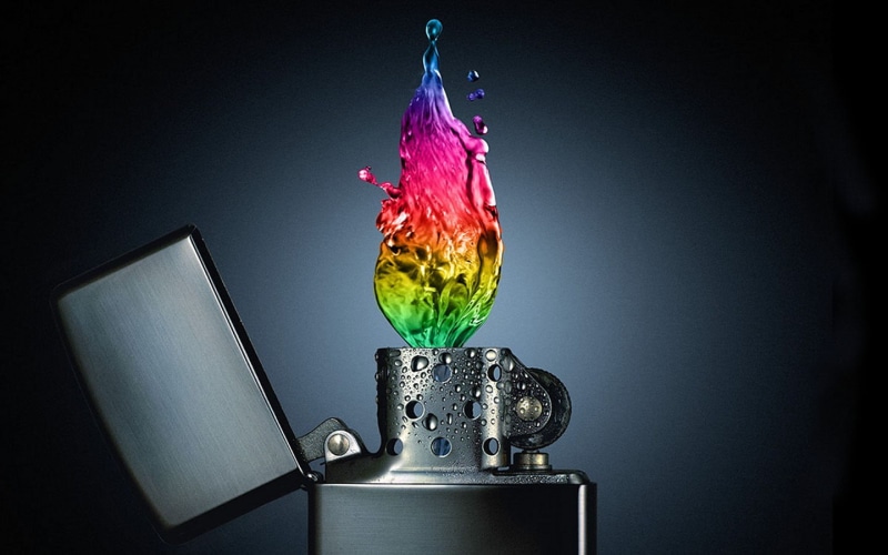 studio shot, table, rainbows, water drops, colorful, day, green, red, lighter, flower, single object, no people, glass, indoors, 720P, water, creativity