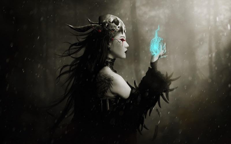 beautiful woman, hairstyle, flames, young women, one person, disguise, adult, skull, mask, side view, hair, dark fantasy, magic, fashion, indoors