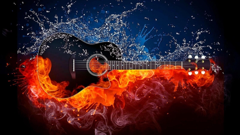 fire, splash, giutar, fantasy, water, 1080P, drops, flame, digital art