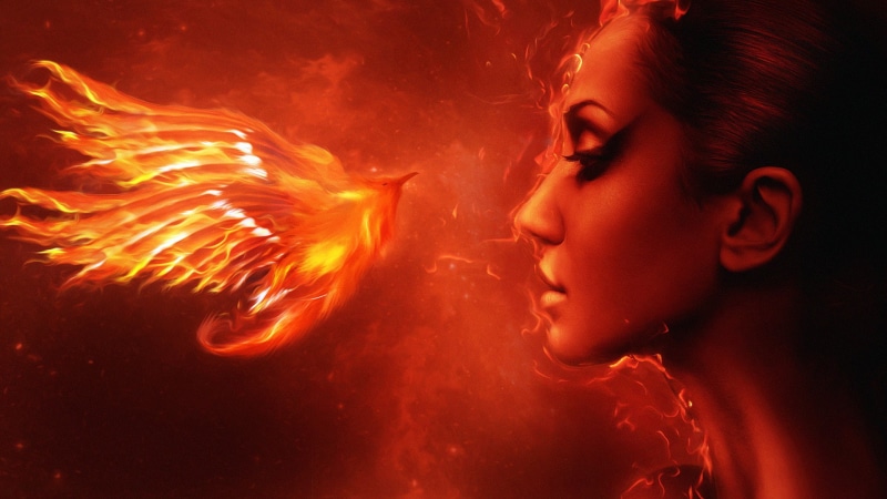 the phoenix, 1080P, Bird, the flame, phoenix, girl