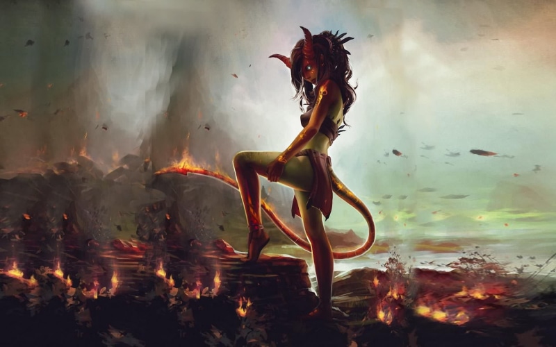 abstract, tail, x, horns, art, 1080P, Succubus, fantasy, Fire, hd