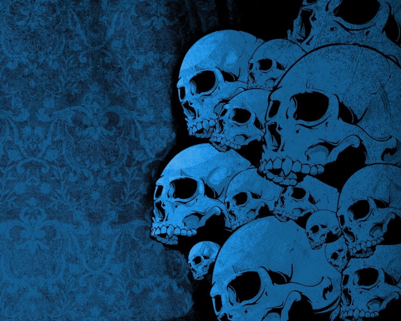 skeletons, blue, skull, 720P, fantasy, flowers, scary