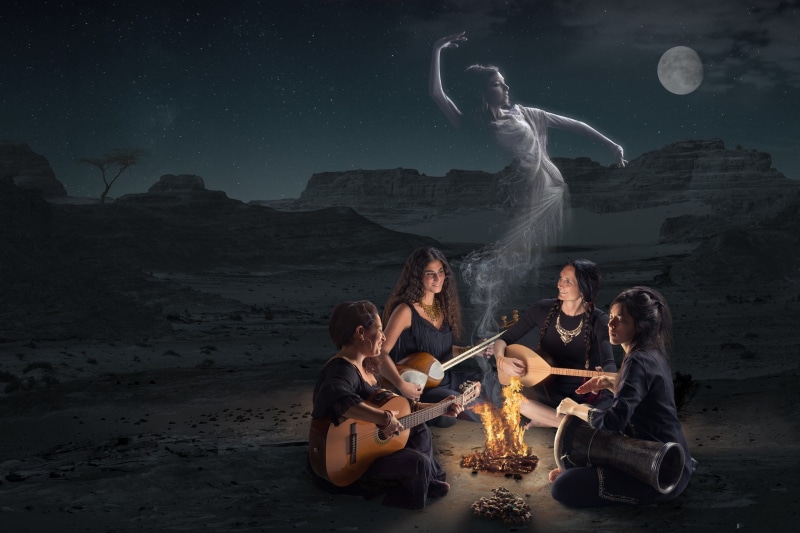 bonfire, music, land, nature, heat - temperature, burning, flame, women, men, bonfires, sitting, ghost, musician, leisure activity, togetherness, fire - natural phenomenon