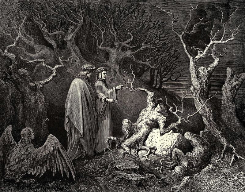 emotion, The Divine Comedy, art and craft, tree, men, 1080P, spirituality, suit, angel, belief, Dantes Inferno, plant, Dante Alighieri, forest, people