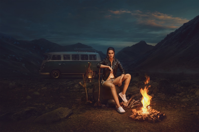 sky, full length, fire, motor vehicle, heat - temperature, nature, Kriti Sanon, bonfire, Actress, mode of transportation, leisure activity, camping, cloud - sky