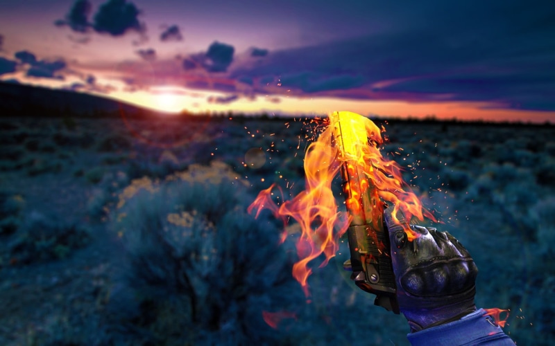 Counter-Strike: Global Offensive, 1080P, no people, fire, flame, fire - natural phenomenon, outdoors, gun, water, bonfire, nature, sunset, dusk, motion