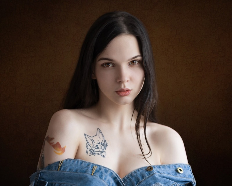 brown eyes, brunette, 720P, women, jeans jacket, portrait, model, bare shoulders, looking at viewer, tattoo