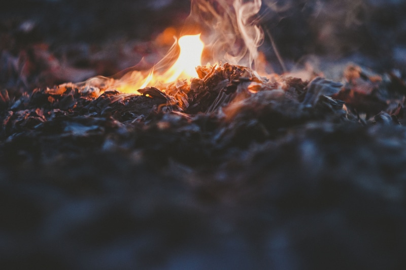 ash, smoke - physical structure, land, wood - material, 4K, fireplace, spark, surface level, smoke, burning, close-up, camp, firewood, selective focus
