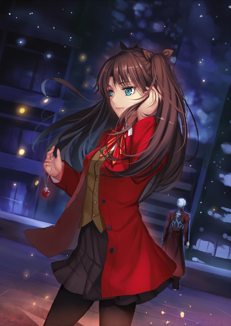 Fate/Stay Night: Unlimited Blade Works, young women, standing, women, clothing, hairstyle, red, illuminated, fashion, Fate Series, night, beauty, looking at camera