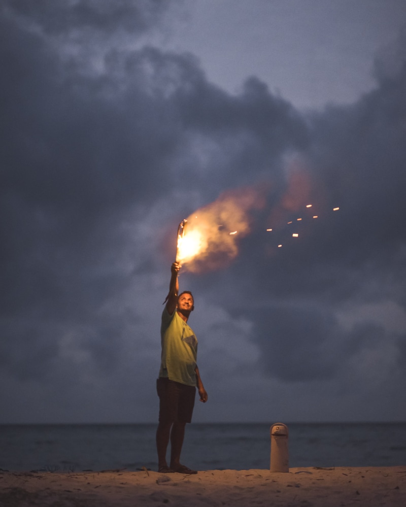 4K, casual clothing, horizon, horizon over water, outdoors, flame, real people, full length, camping, one person, standing, coast, evening, fun, white