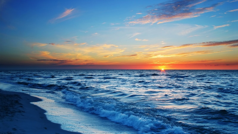 evening, sun, wind wave, horizon, coast, calm, afterglow, sky, wave, sea, ocean, shore, sunset, seashore, 4K