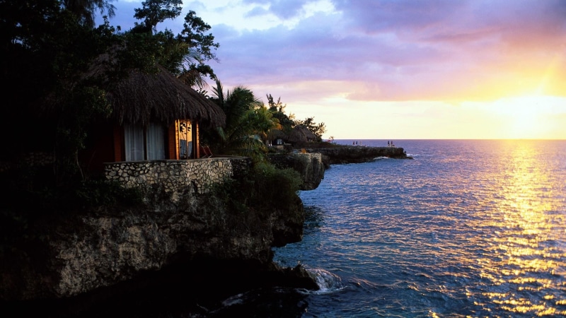 shore, evening, sunset, reflection, ocean, landscape, 1080P, jamaica, negril, water, cloud, dusk, caribbean sea, coast, tree, sea, sky, resort, body of water