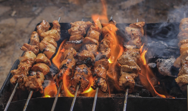 yummy, beef, burn, meats, preparation, grill, smoke, smoke - physical structure, skewered, kebab, freshness, heat - temperature, no people, pork, skewers
