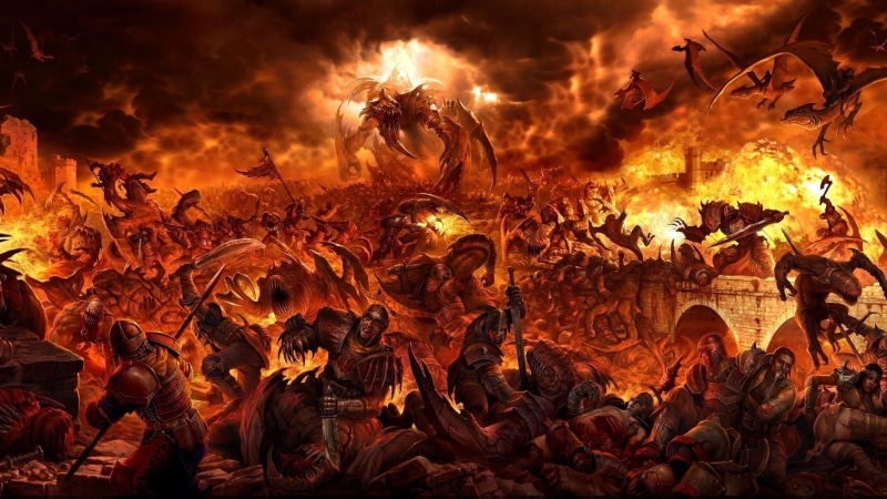 digital art, creature, fantasy art, giant, 1080P, warrior, sword, dragon, soldier, clouds, battle, fire