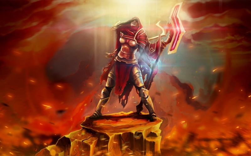 Dota 2, close-up, long, statue, sword, representation, character, Legion Commander, metal, female likeness, sculpture, holding, music, stage