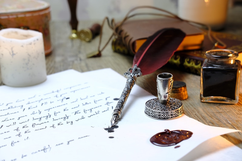 leaf, still life, ink, art and craft, leave, high angle view, communication, white, fountain pen, pen, metal, variation, writing implement, feather, sealed