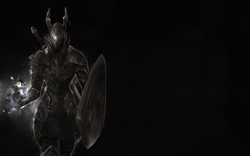 studio shot, digital, creativity, Black knight, male likeness, wearing, black, angel, dark, Dark Souls, illuminated, black background, copy space, sculpture