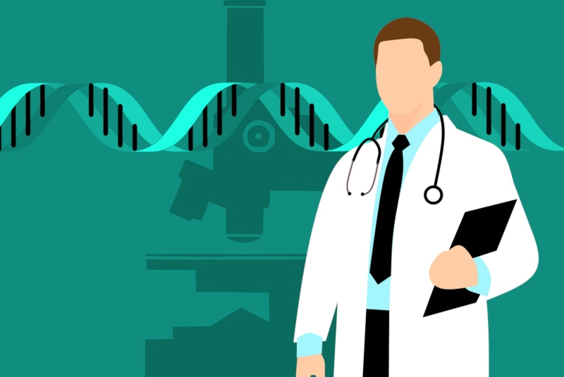 genetic, microscope, 2K, analysis, colored background, care, green color, health, adult, science, researcher, businessman, illustration, doctor, healthcare and medicine