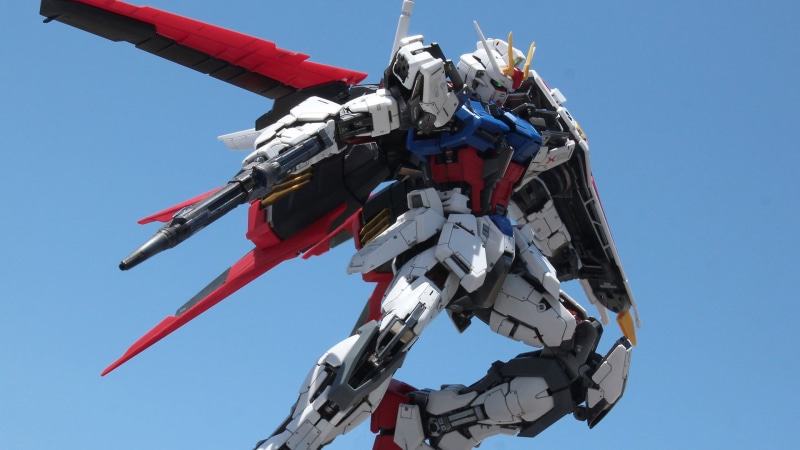 airplane, clear sky, no people, outdoors, sky, sunny, sunlight, Josh Darrah, transportation, figurine, mech, on the move, military, Gundam, flying, low angle view
