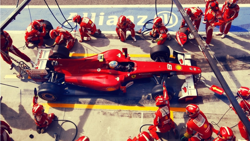 land vehicle, red, high angle view, motion, group, lifestyles, helmet, 2K, street, sport, Ferrari, group of people, transportation, adult, crowd, mode of transportation