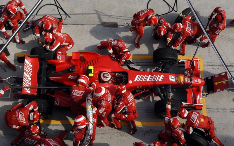 day, plastic, car, land vehicle, group, Formula 1, sunlight, security, red, uniform, people, real people, mode of transportation, teamwork, race cars, 1080P