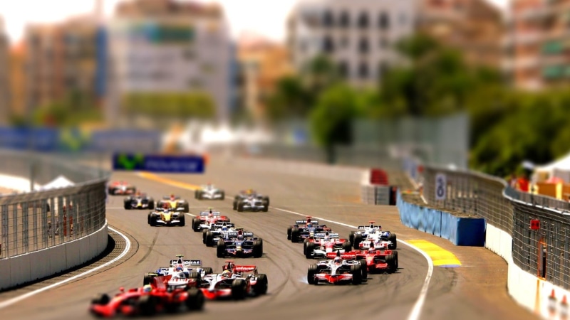 motor Racing Track, sport, tilt shift, city, building exterior, colored, formula, speed, multiple lane highway, f, gambling, race, race cars, 1080P, nature