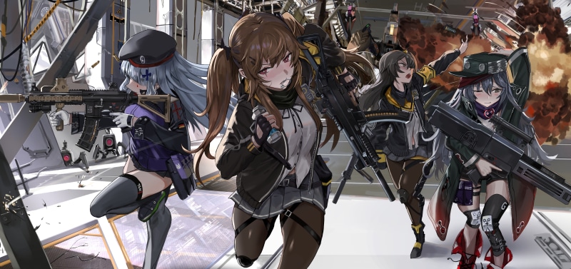 8K, stockings  girls frontier  skirt  explosion  open mouth  girls with guns  black stockings  weapon  thigh-highs  pigtails  long hair  anime  headdress