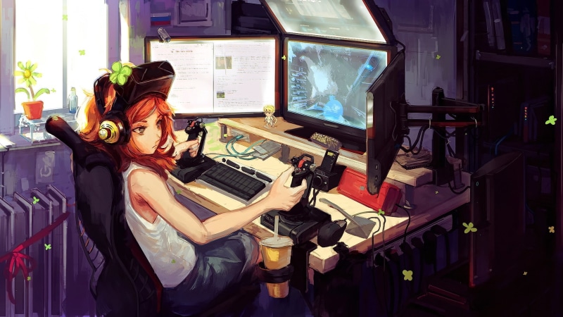 video games, artwork, original characters, redhead, headsets, computer, room, 1080P, interfaces, Vivian James, digital art