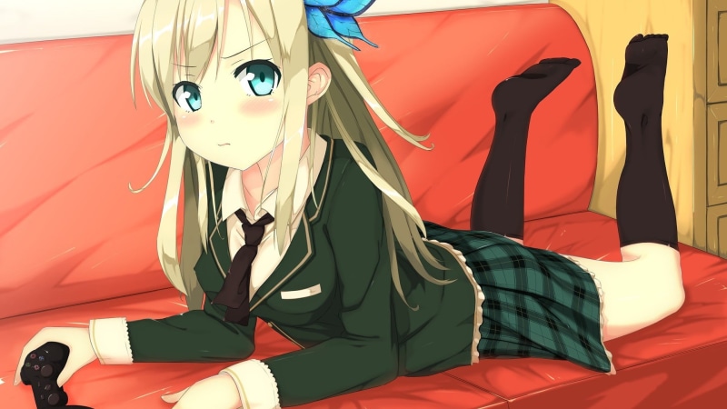 leisure activity, anime, red, real people, bed, controllers, indoors, day, lifestyles, PlayStation 3, clothing, women, one person, furniture, anime girls