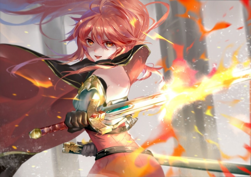2D, 1080P, video games, illustration, fire, digital art, depth of field, women, looking at viewer, red eyes, artwork, weapon, Epic Seven, anime, sword
