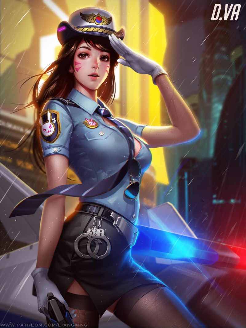 parted lips, video games, brunette, police, women, tie, police women, 4K, fan art, miniskirt, Liang Xing, rain, D.Va (Overwatch), science fiction, video game girls