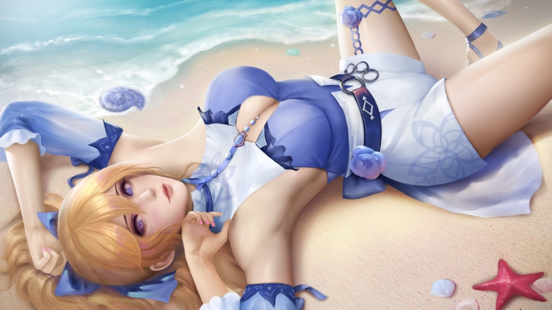Windwalker, fan art, 5K, video game characters, drawing, women on beach, artwork, Genshin Impact, beach, anime girls, cleavage, 2D, illustration, short shorts