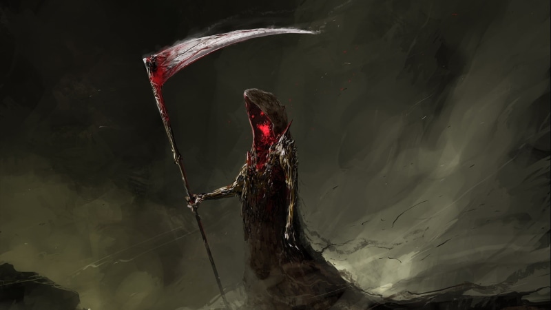 waterfront, one animal, blood, death, reaper, sickle, animals in the wild, motion, red, animal wildlife, swimming, lake, water, painting, creature