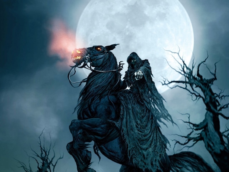 tree, fear, ominous, illustration, fantasy art, horse, evil, celebration, nature, riding, Grim Reaper, mystery, creativity, witch, full moon, sky, trees