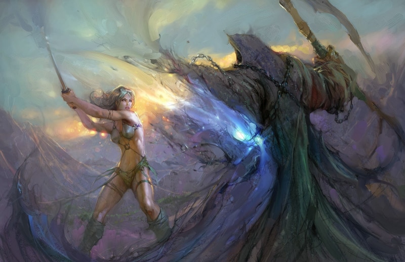 life, fantasy art, fantasy girl, artwork, death, warrior, 720P, battle, Grim Reaper