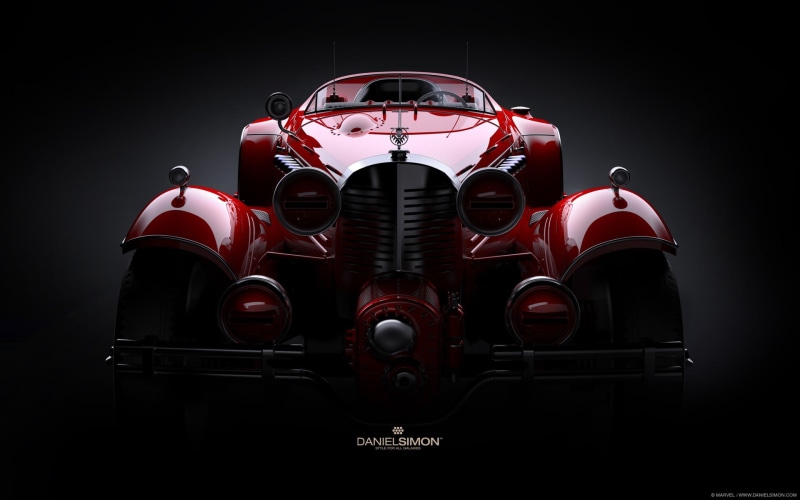 black background, mode of transportation, digital art, indoors, vintage, red cars, studio shot, car, 1080P, close-up, danelsmon, Marvel Comics, machinery