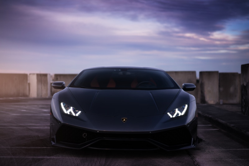 cloud - sky, Huracan, retro styled, luxury, sunset, land vehicle, 5K, Lamborghini, road, vintage car, Death, motion, day, architecture, black, focus on foreground