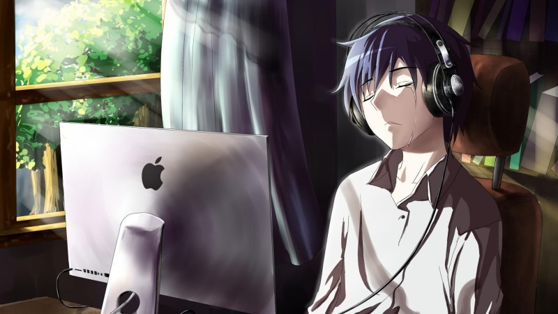 tears, cry, mangaka, room, computer, sadness, anime, mood, guy, 1080P