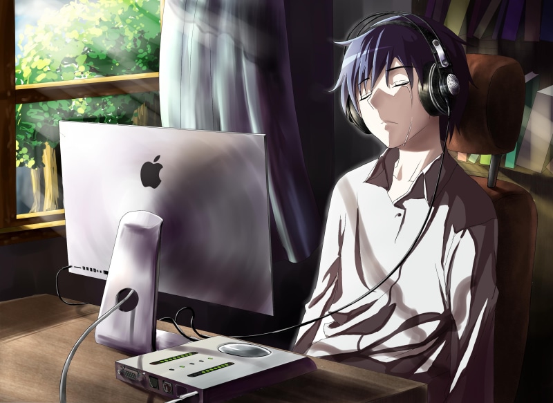sadness, room, tears, computer, guy, 2K, anime
