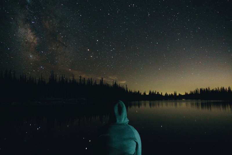 real people, trees, 5K, star, star field, galaxy, lake, tranquil scene, tranquility, thinking, water, person, beauty in nature, space, teal, sky, space and astronomy