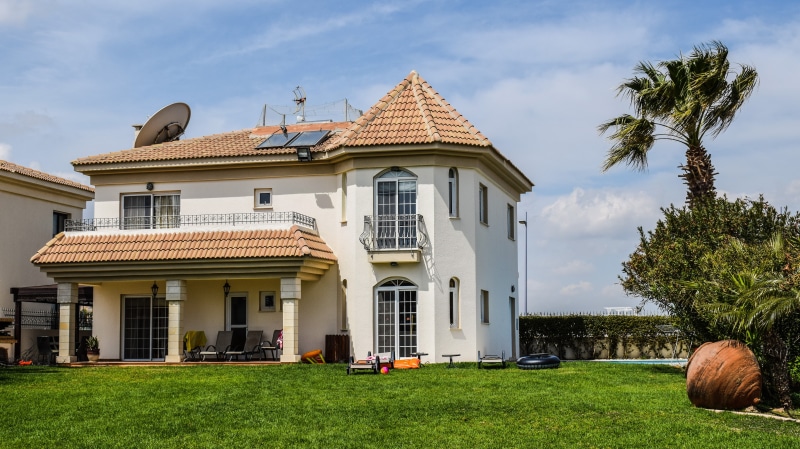 lawn, tropical climate, concrete, real estate, architecture, white, beside, luxury, property, architectural column, palm tree, building exterior, kapparis