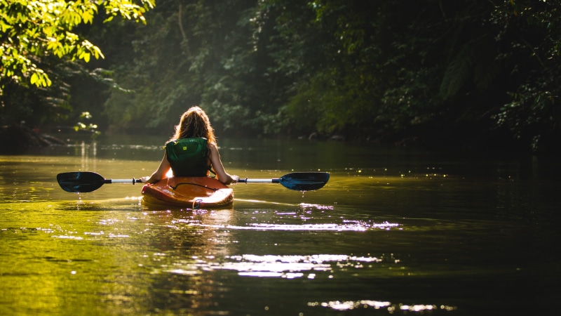 nautical Vessel, kayaking, sport, rear view, day, sit, holding, hair, Kayak, long hair, 2K, blond hair, riding, summer, reflection, Drake Bay, body, one person